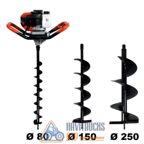Tarière thermique + lot de 3 mèches 52 cm3, 3 CV (80, 150 et 250 mm)