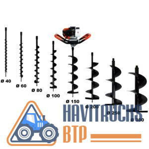 Tarière thermique 3 CV 52 cm3, + lot de 8 mèches (40, 60, 80, 100, 150, 200, 250 et 300 mm)