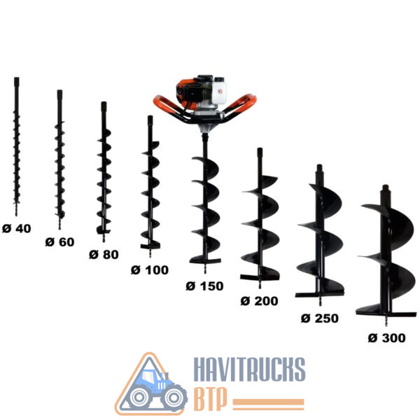 Tarière thermique 3 CV 52 cm3, + lot de 8 mèches (40, 60, 80, 100, 150, 200, 250 et 300 mm)