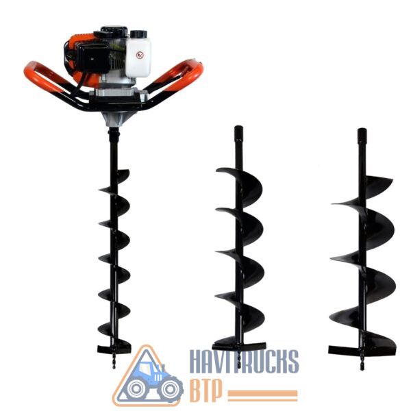 Tarière thermique 52 cm3, 3 CV + lot de 3 mèches 100, 150 et 200 mm